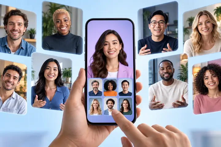 Interfaz de selección de avatares en un smartphone, rodeada de tarjetas de video con retratos diversos sobre un fondo azul pálido.