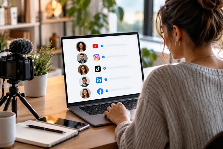 Interfaz de publicación en redes sociales que muestra canales de video conectados, con fotos de perfil y marcas de verificación azules de estado.