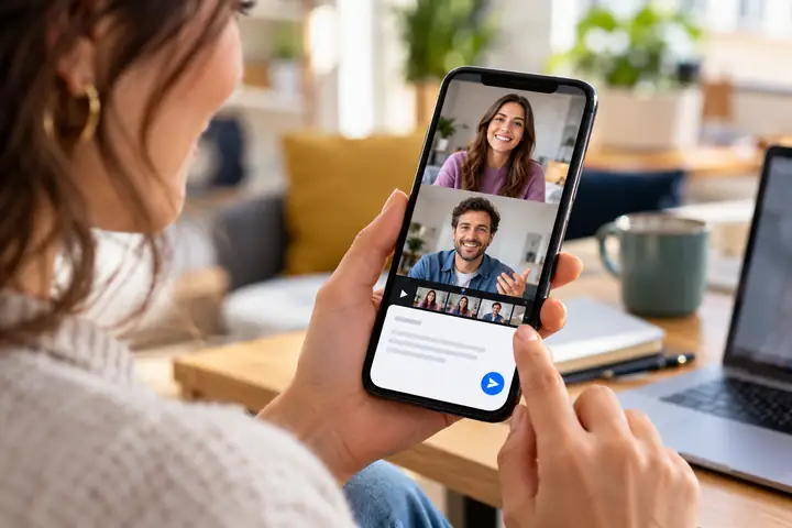 Interfaz móvil para redactar un correo electrónico con video, con dos miniaturas de presentadores sonrientes y una vista previa clara del mensaje.