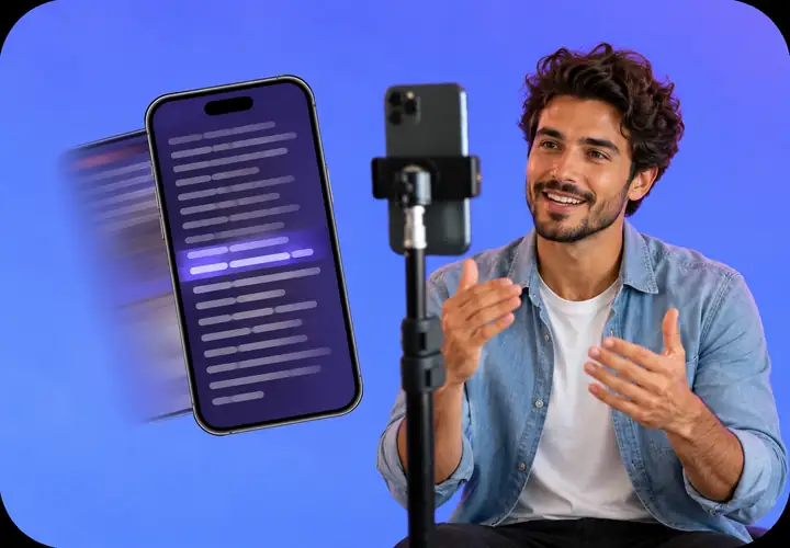 Creador grabando un video junto a un teléfono que muestra texto desplazándose en un teleprompter.