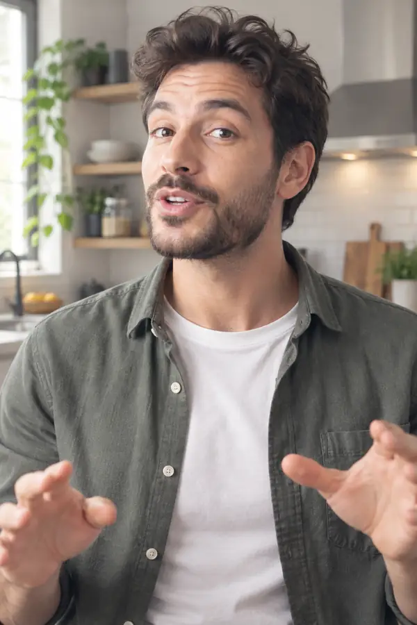 Hombre hablando a la cámara dentro de una cocina contemporánea.