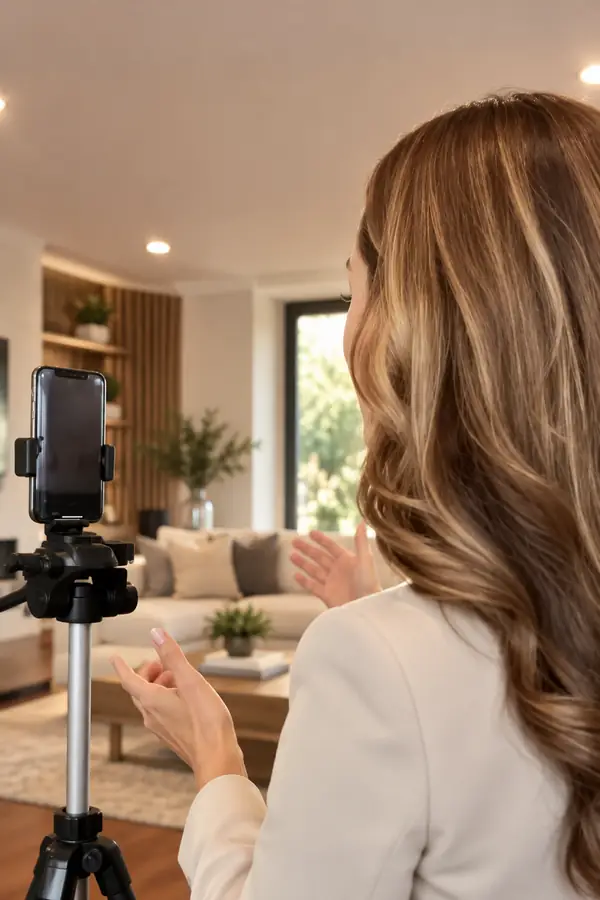 Profesional inmobiliario grabando una introducción amistosa en casa.