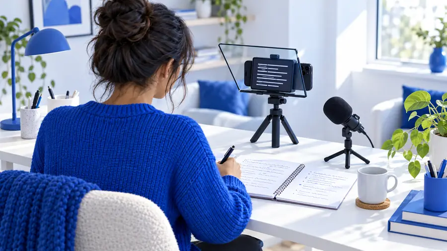 Creator preparing a teleprompter script before recording