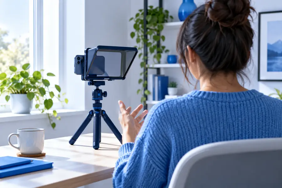Creator using an online teleprompter during a polished recording
