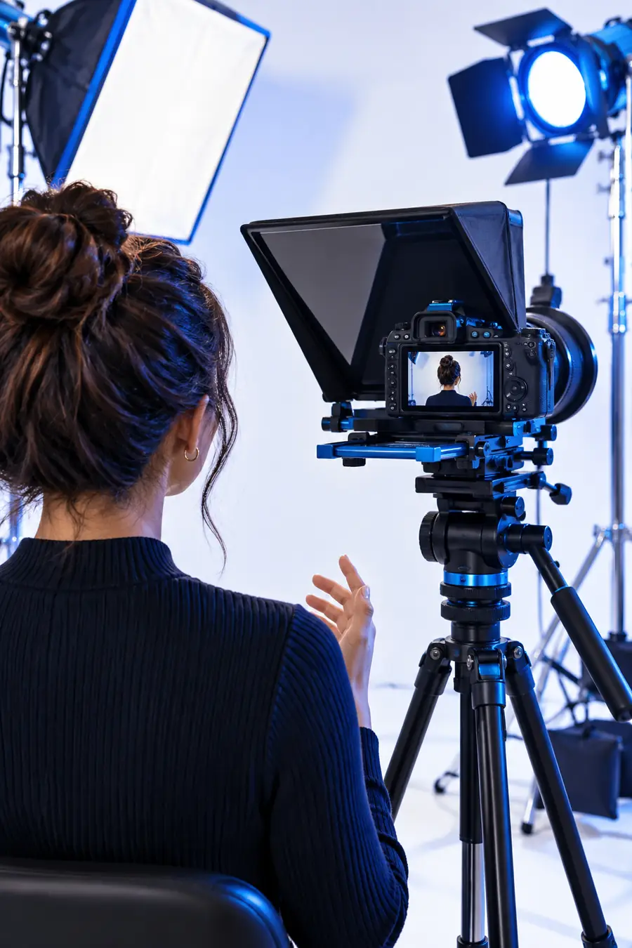 Presenter recording a vertical talking-head video