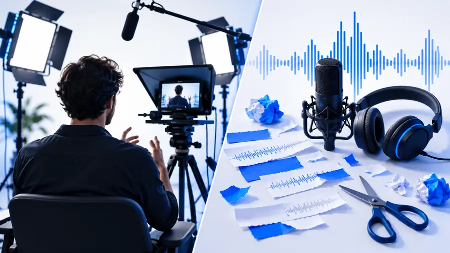 Hands working on a video transcript during editing